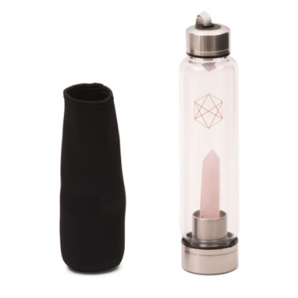 💗 New! Rose Quartz Crystal-Infused Glass Water Bottle | Black Sleeve 💗